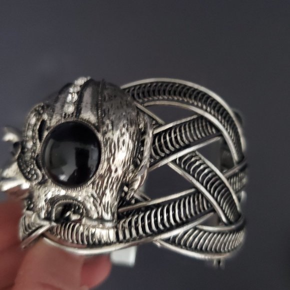Brutalist Wide Cuff Bracelet Rustic Silver Tone Elephant Applique Woven Design - Picture 2 of 9